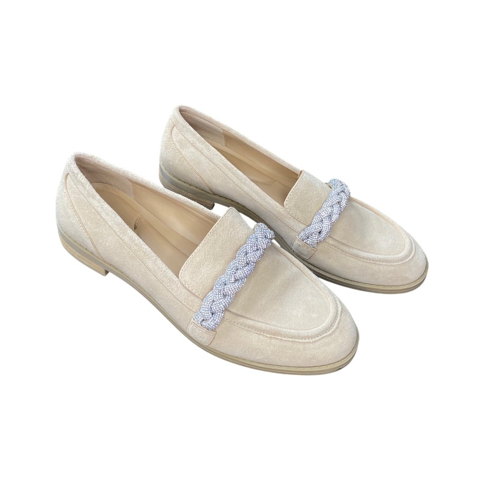 Gianni Bini Beige Suede Rhinestone Braided Strap Loafers Almond Toe Flats 8M